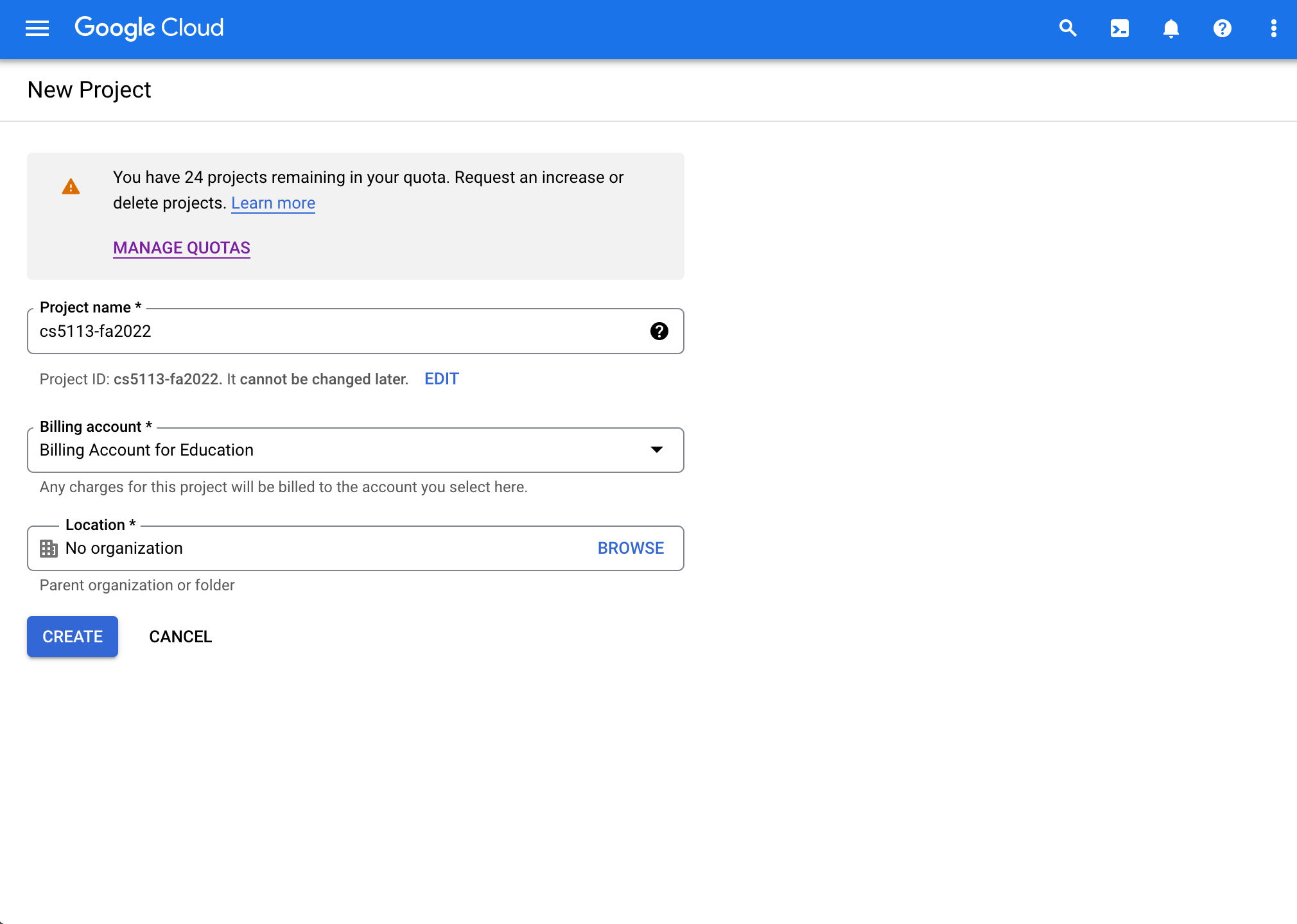 Name your project, ensure your billing account is set to `Billing Account for Education`, and select create.